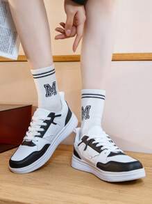 Women's Flat Non-Slip Breathable Solid Color Casual Shoes, PU Leather Low Top Lace Up Low Heel Fashion Elegant Athletic Sneakers, Commuting, Black & White - Black and White - View 6