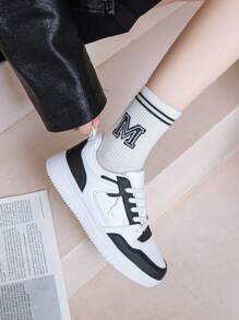 Women's Flat Non-Slip Breathable Solid Color Casual Shoes, PU Leather Low Top Lace Up Low Heel Fashion Elegant Athletic Sneakers, Commuting, Black & White - Black and White - View 9