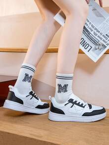 Women's Flat Non-Slip Breathable Solid Color Casual Shoes, PU Leather Low Top Lace Up Low Heel Fashion Elegant Athletic Sneakers, Commuting, Black & White - Black and White - View 5