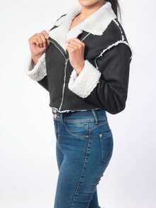 Shearling Motorcycle Jacket With Biker Closure For Women - Black - View 1