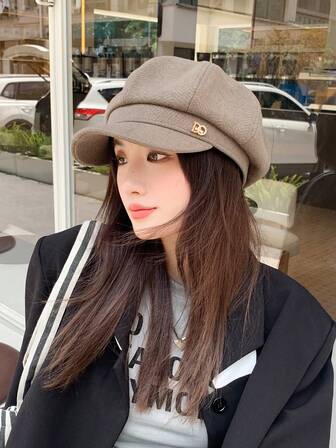 Solid Color Beret Cap For Women, Beret, Spring/Summer, Korean Versatile Octagonal Hat, Japanese Large-Rounded Hat, Painter Hat, One Piece