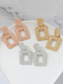 1pair Retro European And American Style Exaggerated Alloy Textured Geometric Rectangle Stud Earrings For Women, Suitable For Daily Use. - Rose Gold - View 1
