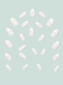 24入組中長杏仁形法式指甲尖帶有白色心型和火焰圖案的美甲套裝,包括一件果凍膠和一個指甲文件,適用於女性和女孩 - 彩色 - 查看 4