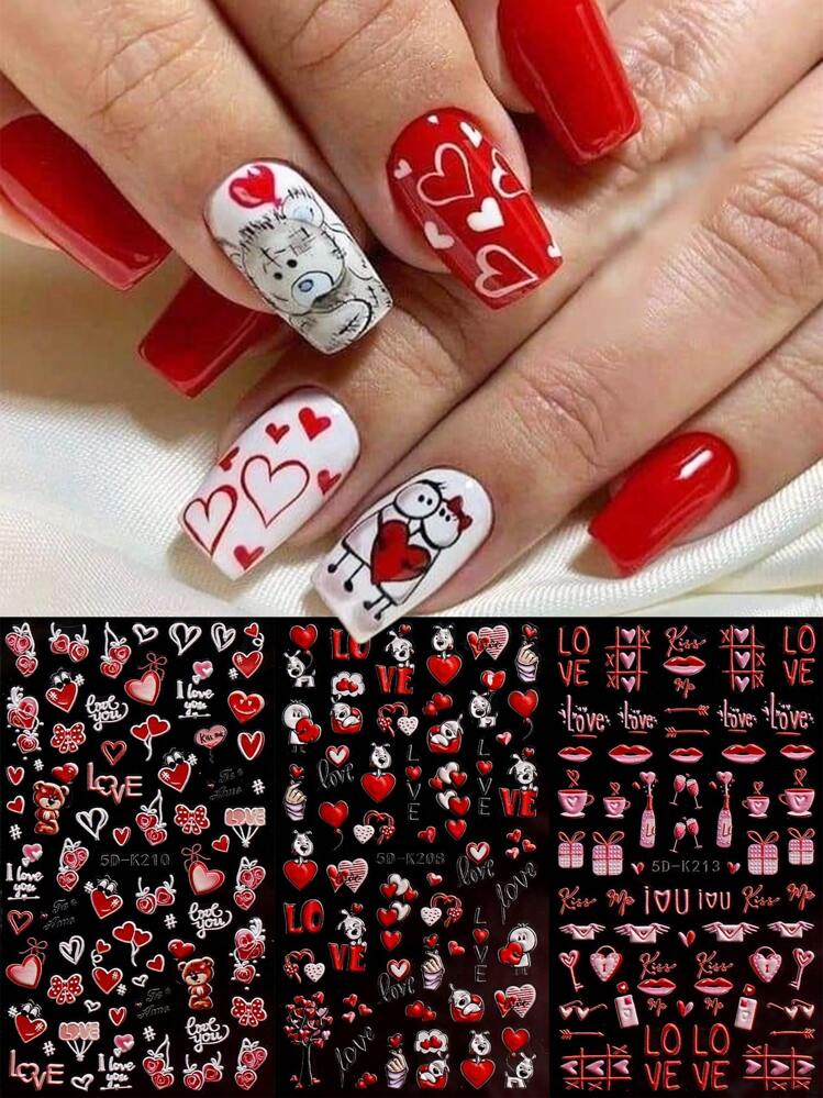 3pcs 5d Embossed Cartoon Valentine'S Day Cute Nail Stickers Set