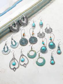 多層中空圓形綠松石裝飾耳坠,復古波西米亞風格合金珠寶,度假耳飾 - 彩色 - 查看 5