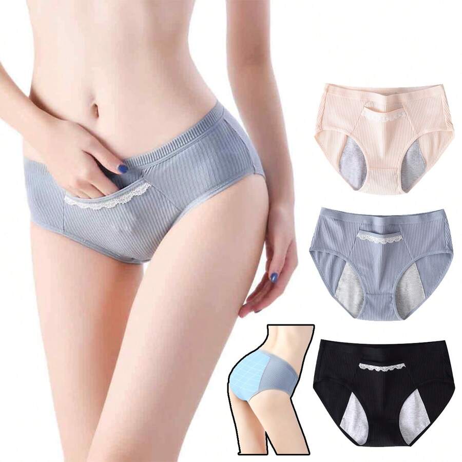 Bragas calzones menstruales algodón cintura alta antiderrames antifugas mujer 3 piezas - Negro - Ver 1