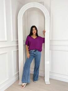 Women's Loose Blouse 3/4 Sleeve V-Neck Basic Casual Top - 紫色 - 查看 1