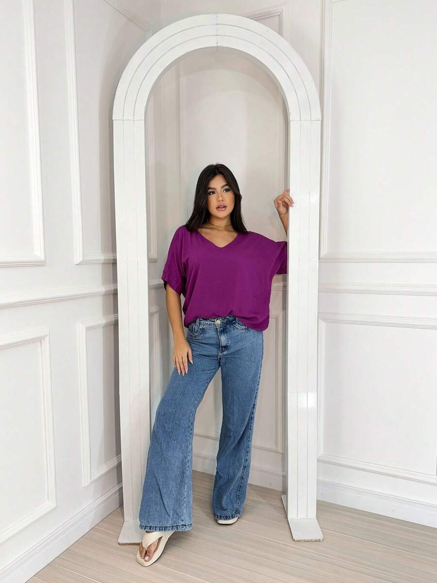 Women's Loose Blouse 3/4 Sleeve V-Neck Basic Casual Top - Morado - Ver 1