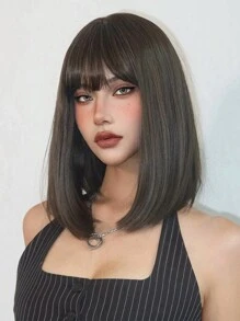 16 Inch Brown Bob Short Straight Hair Wigs With Bangs Stylish Synthetic  Women's Wigs For Daily Party Cosplay Use - Brown - View 2
