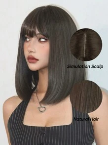 16 Inch Brown Bob Short Straight Hair Wigs With Bangs Stylish Synthetic  Women's Wigs For Daily Party Cosplay Use - Brown - View 5