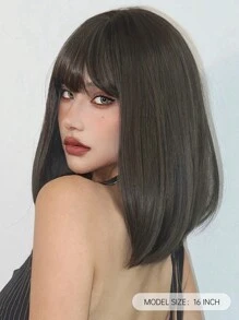 16 Inch Brown Bob Short Straight Hair Wigs With Bangs Stylish Synthetic  Women's Wigs For Daily Party Cosplay Use - Brown - View 3