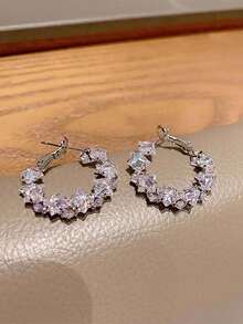 1 全新超閃亮方晶鋯石優雅簡約圓形環形耳環女式 - 銀色 - 查看 6