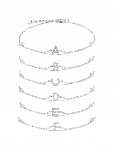 方晶鋯石字母裝飾銀手環