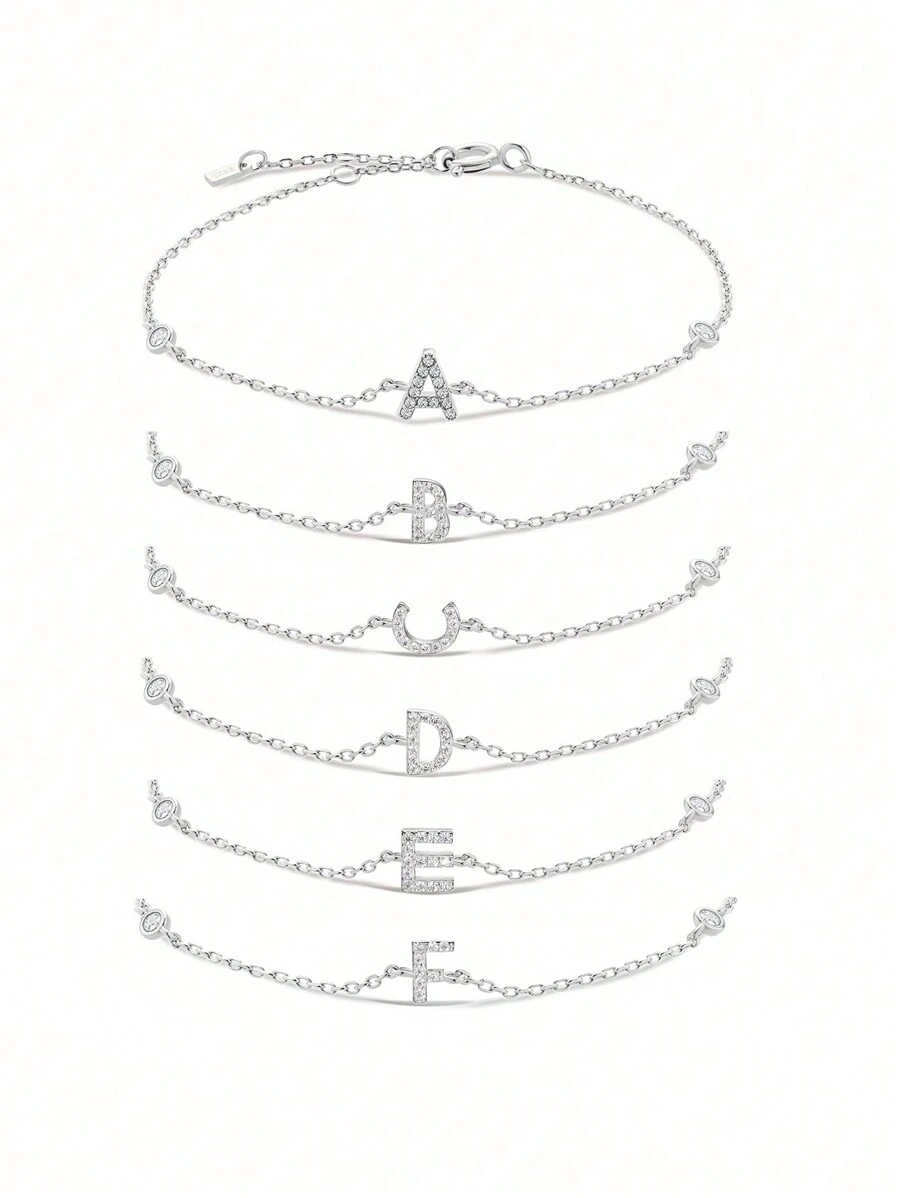 方晶鋯石字母裝飾銀手環 - 銀色 - 查看 1