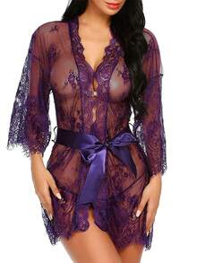 Lencería De Encaje Para Mujer, Ropa De Noche Exótica Transparente - Morado - Ver 5