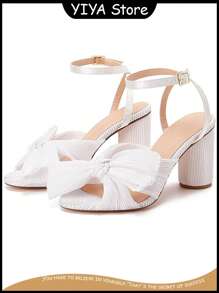 YIYA Womens Pleated Bowknot Heeled Sandals Bridal Wedding Ankle Strap Block Chunky Heeled Dress Party Sandals - trắng - Xem 3