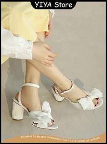YIYA Womens Pleated Bowknot Heeled Sandals Bridal Wedding Ankle Strap Block Chunky Heeled Dress Party Sandals - trắng - Xem 1