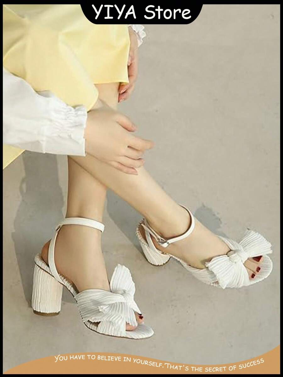 YIYA Womens Pleated Bowknot Heeled Sandals Bridal Wedding Ankle Strap Block Chunky Heeled Dress Party Sandals - trắng - Xem 1