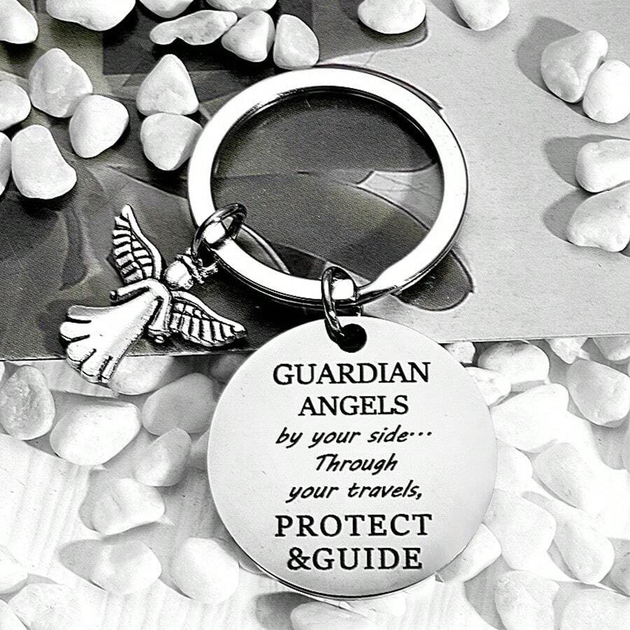 1入組3cm圓形刻有「守護天使與你同在」不鏽鋼鑰匙扣,節日送給女兒或兒子的禮物 - 銀色 - 查看 1