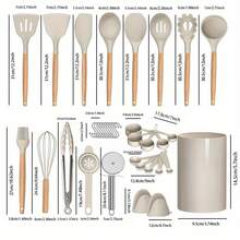36入組矽膠廚房烹飪器具,耐熱木柄烹飪用具套裝,不黏廚房小工具,包括刮刀匙、披薩刀、廚房用品、廚房配件和居家廚房用品 - 黑色 - 查看 3