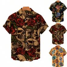 Camisa hawaiana informal de manga corta para hombre con estampado de calavera y alta elasticidad