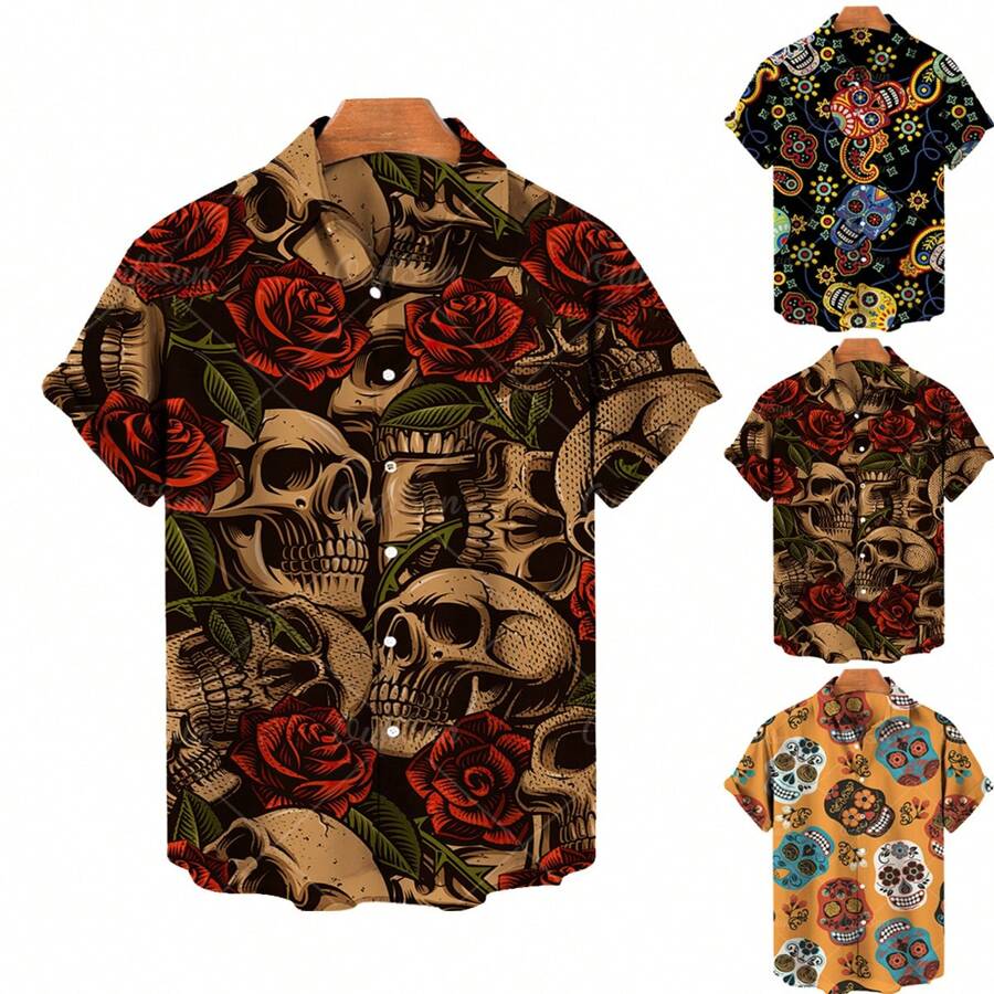 Camisa hawaiana informal de manga corta para hombre con estampado de calavera y alta elasticidad