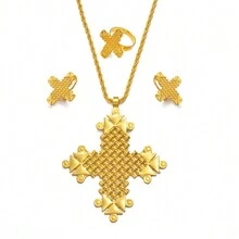 1Set  Cross Pendant Black Rope Earrings Ring Jewellery Sets African Eritrean Religion Wedding Party - Multicolor - View 10