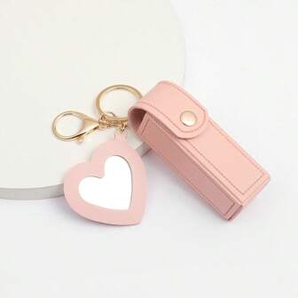 带镜子的迷你唇膏盒，便携式 PU 皮革钥匙扣唇膏架 - 粉色化妆包化妆收纳盒唇膏架感恩节礼物送给女孩女士妈妈口红袋女士礼物女孩礼物女友礼物。1 件纯色 PU 皮革唇膏架包带心形镜子女士化妆钥匙扣。心形镜子装饰唇膏架包，多色女士化妆包，心形和包包吊坠时尚钥匙扣吊坠，钱包，钱包，包包配件化妆包化妆包化妆包