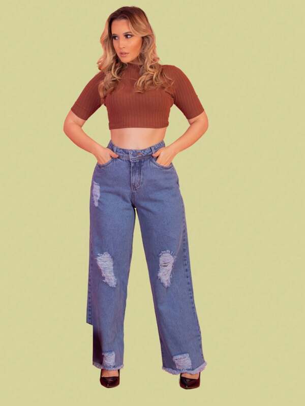 calça jeans feminina sem elastano modelo wid leg lavagem clara cintura media com destroier