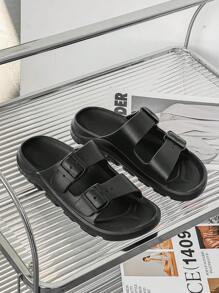 A Pair Of Men's Soft And Comfortable Double Buckle Open Toe Slippers With Backless Design - Black - View 9