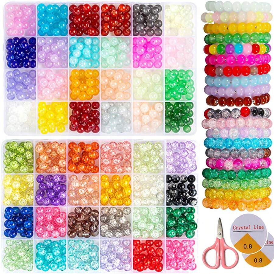 960pcs 8mm 24 Grid Burst Beads +24 Grid Solid Color Beads Combination Glass Bead Set With Tool Crystal Line  Scissors, Gift To Beginners - 8mm Multi-color Set - View 1