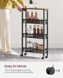 VASAGLE Slim Storage Cart, 4-Tier Rolling Cart Tower, Slide Out Cart With Handle Metal Mobile Shelving Unit For Kitchen Dining Living Room Office Narrow Places - 黑色 - 查看 4