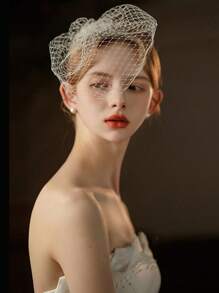 1 件裝新娘白色漁網面紗髮飾,適合婚禮、拍攝、舞台表演 - 白色 - 查看 4