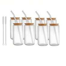 8 Pcs Drinking Glass Cups With Bamboo Lids And Glass Straw - 16 Oz Beer Can Shaped Glass Cups, Ice Coffee Cup Cute Glasses Tumbler  For Soda Boba Tea Cocktail Include 2 Cleaning Brushes - 無色 - 查看 8