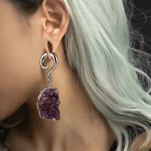 2入組晶石掛勾式耳墜穿杯耳釘,316不銹鋼耳塞,女性穿刺配飾珠寶 - Purple stone - 查看 2