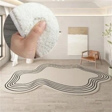 1 件，毛绒不对称地毯 - 加厚蓬松沙发休闲卧室地毯适用于客厅家居装饰，毛绒休闲地毯 - 加厚蓬松地毯适用于客厅和卧室装饰 - 异形地垫 - 白色和黑色线条设计 - 卡其色 - 查看 1