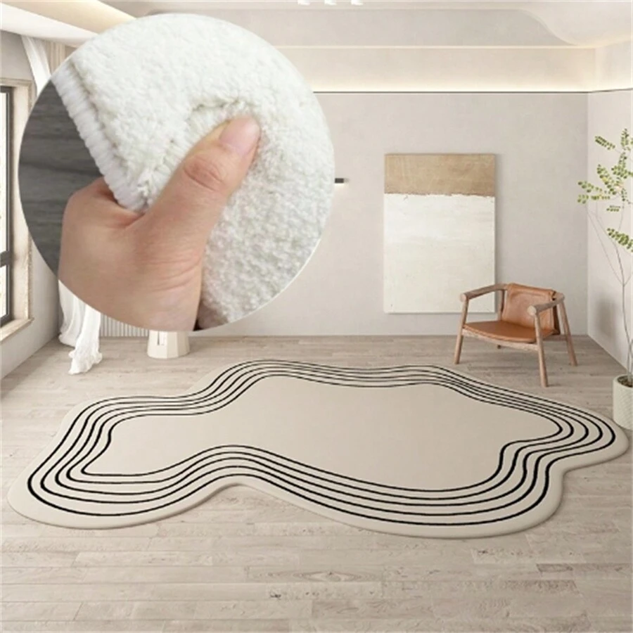 1 件，毛绒不对称地毯 - 加厚蓬松沙发休闲卧室地毯适用于客厅家居装饰，毛绒休闲地毯 - 加厚蓬松地毯适用于客厅和卧室装饰 - 异形地垫 - 白色和黑色线条设计 - 卡其色 - 查看 1