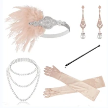 Roaring 20s Flapper Accessories Set For Great Gatsby Party, Including Headband, Necklace, Gloves, Earrings, Cigarette Holder, Black & Gold - Champagne - View 1