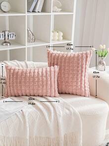 1pc Double-Sided Pink Plaid Rabbit Fur Polyester Pillow Cover, Modern Style Polyester Fiber Pillowcase Suitable For Indoor Decor - Pink - View 2