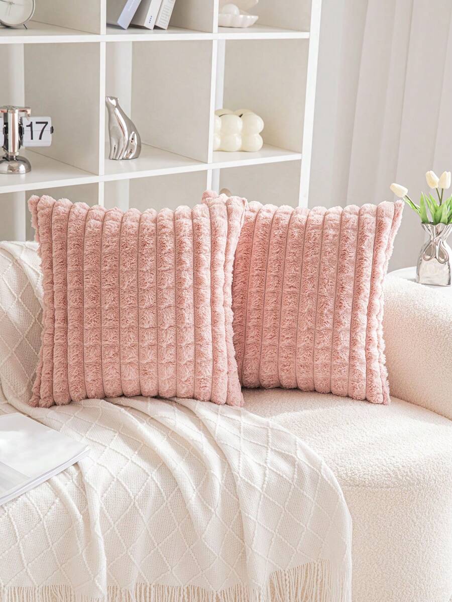 1pc Double-Sided Pink Plaid Rabbit Fur Polyester Pillow Cover, Modern Style Polyester Fiber Pillowcase Suitable For Indoor Decor - Pink - View 1