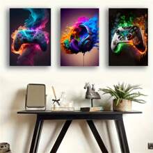 3Pcs Canvas Poster,Modern Art, Street Style Graffiti Color Red And Blue Earphones Pop And Color Electronic Game Controller Art, Ideal Gift For Bedroom Living Room Corridor, Wall Art,Wall Decor, Room Decoration No Frame Gifts Birthday Graduation