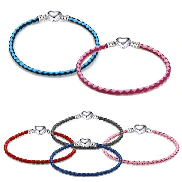 1pc Braided Leather Bracelet With Beaded Pendant/Can Be Worn Individually, Layered, Or As Couple Bracelets, Also Suitable For Diy/Available In Black, Red, Blue, Gray, Patchwork Color, And Pink/Size: 14cm/16cm/18cm/20cm/22cm