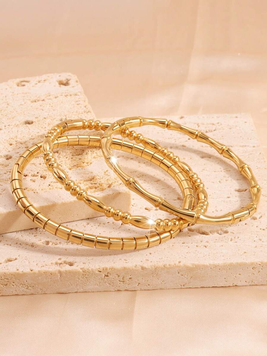 3入組時尚輕奢設計簡約不銹鋼仿竹水滴圓柱手鍊,適合女士約會穿戴 - 金色 - 查看 1