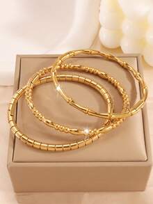 3入組時尚輕奢設計簡約不銹鋼仿竹水滴圓柱手鍊,適合女士約會穿戴 - 金色 - 查看 3