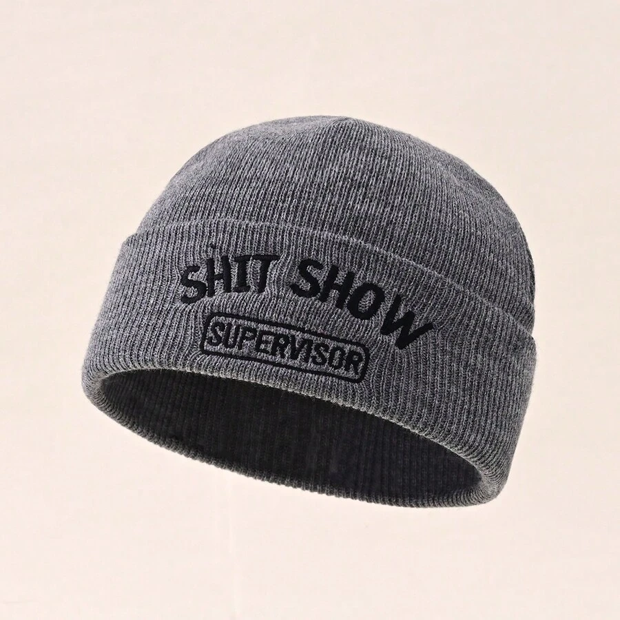 1入組show刺繡情侶針織帽,y2k風格中性貝雷帽,輕盈保暖冬季帽,適合休閒運動和滑雪 - 灰色 - 查看 1