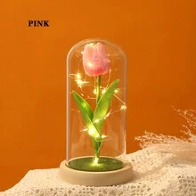 1入組情人節禮物郁金香人造花,搭配發光玻璃罩桌上飾品和床頭燈,母親節 - 彩色 - 查看 7