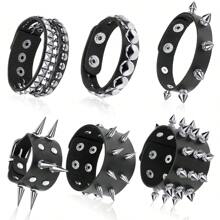 Yanxyad 1 Piece Spiked Studded Bracelet Black Leather Rivet Punk Bracelet Cuff Wrap Bangle Snap Button Metal Wristband For Men