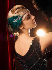 Flapper 頭帶 1920 年代頭飾,水鑽羽毛 Roaring 20 年代 Great Gatsby 女式髮飾 - 綠色 - 查看 3