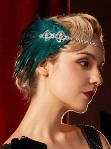Flapper 頭帶 1920 年代頭飾,水鑽羽毛 Roaring 20 年代 Great Gatsby 女式髮飾 - 綠色 - 查看 6