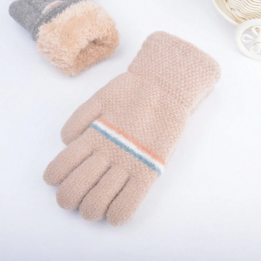 Children's Knitted Knit Gloves For Boys, Autumn & Winter, Thickened, Full Finger, Double Layer, Separated Finger, Keep Warm While Cycling, Primary School Students - Beige - View 1